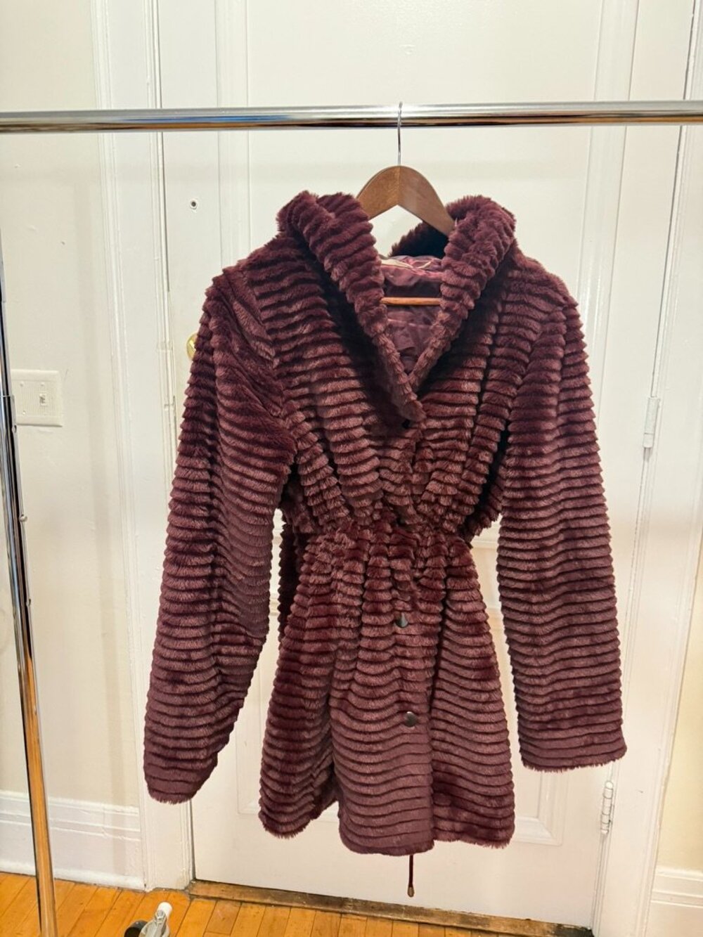 Soft Surroundings Faux Fur Maroon/Plum Hooded Coat Medium New